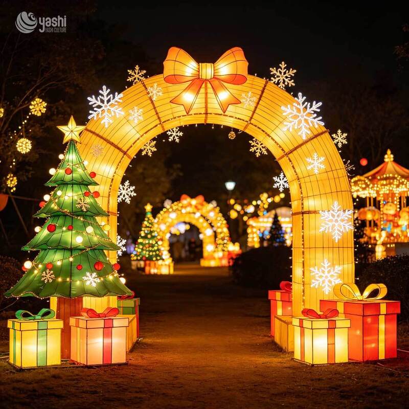 Custom Santa Sleigh & Reindeer Christmas Arch Lantern, Outdoor LED Festival Motif Light Archway For Park & Shopping Mall