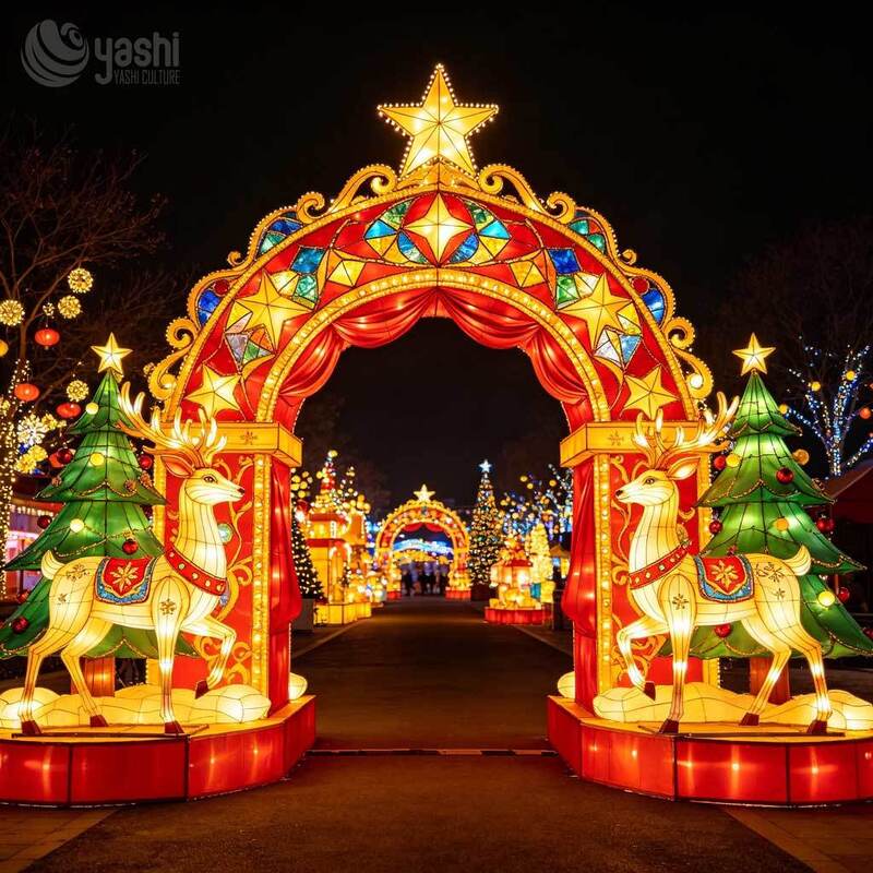 Custom Santa Claus Christmas Arch Lantern, Outdoor LED Festival Light Archway With Reindeer & Xmas Tree For Mall Entrance