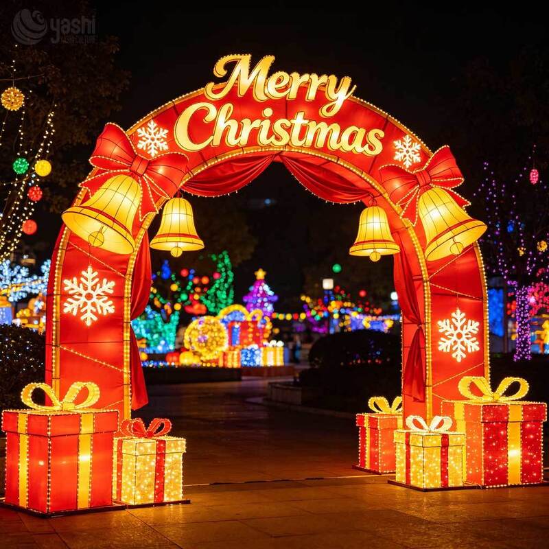 Custom Santa Claus Christmas Arch Lantern, Outdoor LED Festival Light Archway With Reindeer & Xmas Tree For Mall Entrance