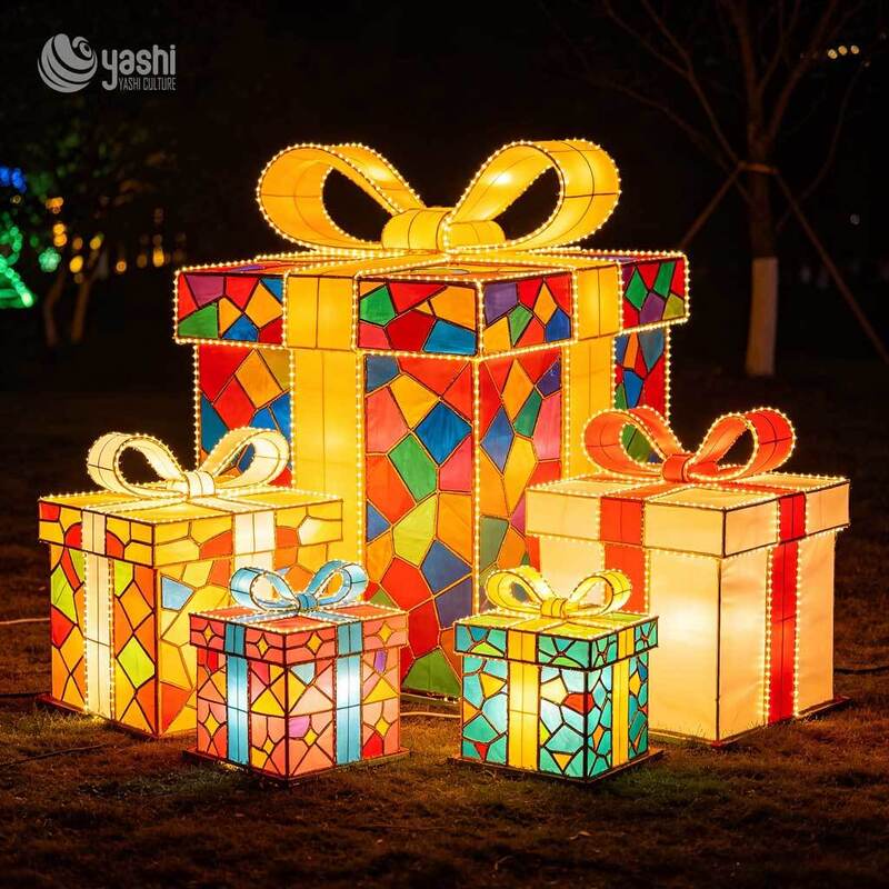Custom Christmas Gift Box Lantern Set, Outdoor LED Lighted Gift Boxes Motif Lights For Park, Mall Holiday Light Show