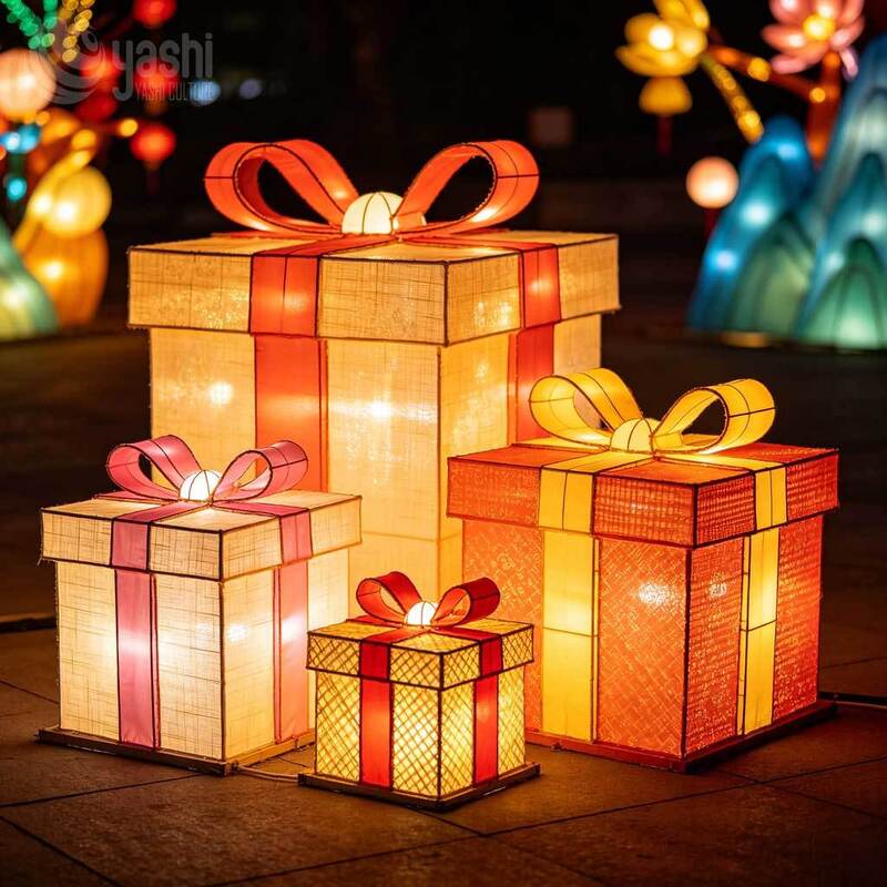 Custom Christmas Gift Box Lantern Set, Outdoor LED Lighted Gift Boxes Motif Lights For Park, Mall Holiday Light Show