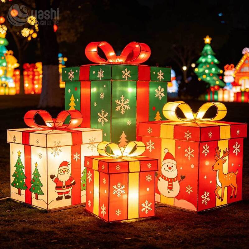Custom Christmas Gift Box Lantern Set, Outdoor LED Lighted Gift Boxes Motif Lights For Park, Mall Holiday Light Show
