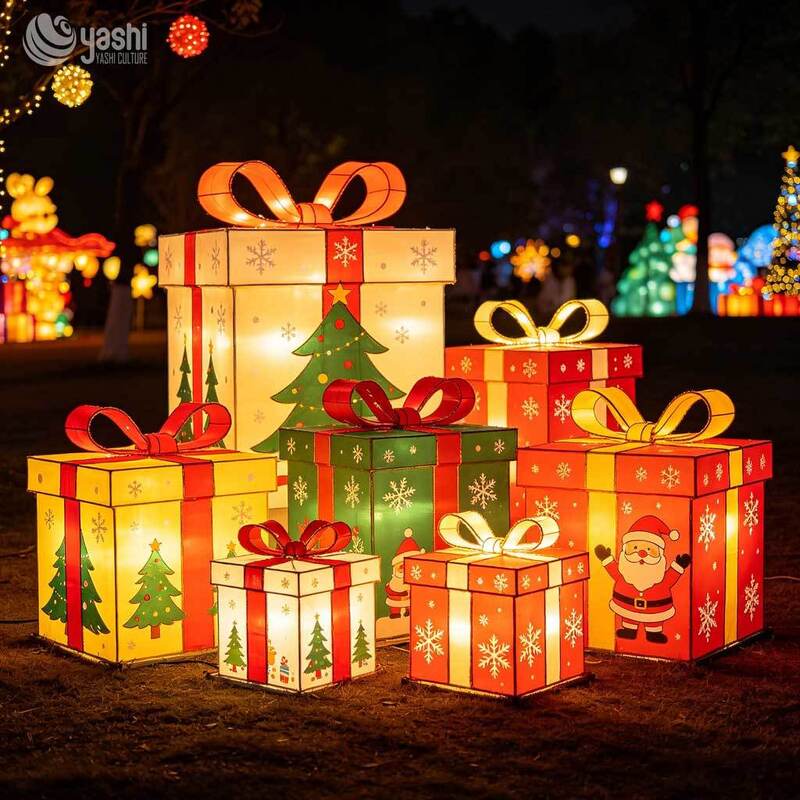 Custom Christmas Gift Box Lantern Set, Outdoor LED Lighted Gift Boxes Motif Lights For Park, Mall Holiday Light Show