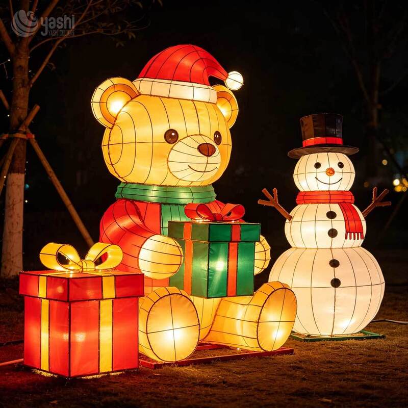 Custom Christmas Teddy Bear & Snowman Light Sculpture Set, Outdoor LED Motif Lights With Gift Boxes For Festival Light Show