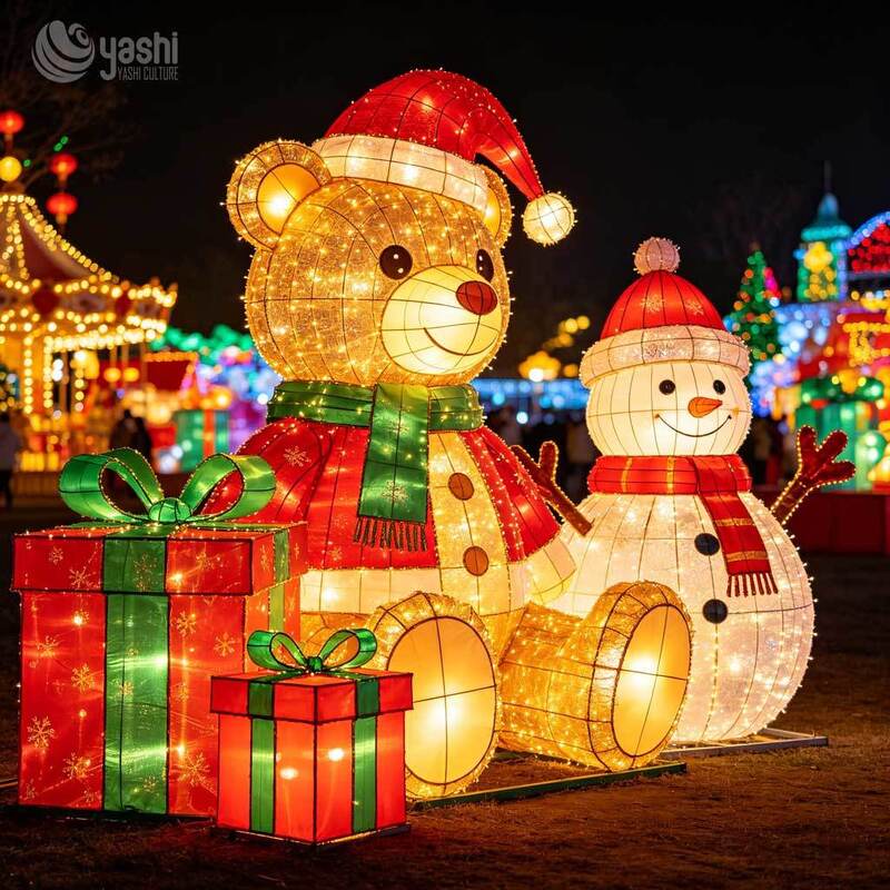 Custom Christmas Teddy Bear & Snowman Light Sculpture Set, Outdoor LED Motif Lights With Gift Boxes For Festival Light Show