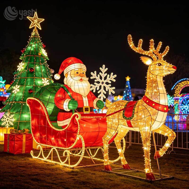 Custom Santa Claus Reindeer Sleigh Christmas Lantern Set, Outdoor LED Christmas Character Light Sculpture For Holiday Light Show
