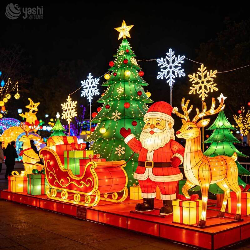 Custom Santa Claus Reindeer Sleigh Christmas Lantern Set, Outdoor LED Christmas Character Light Sculpture For Holiday Light Show
