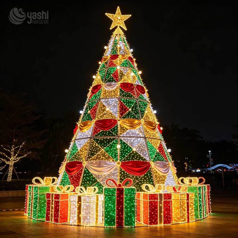 Custom Giant Wire Frame Christmas Tree Motif Light, Outdoor LED Light Up Christmas Tree Sculpture With Gift Boxes For Light Festival
