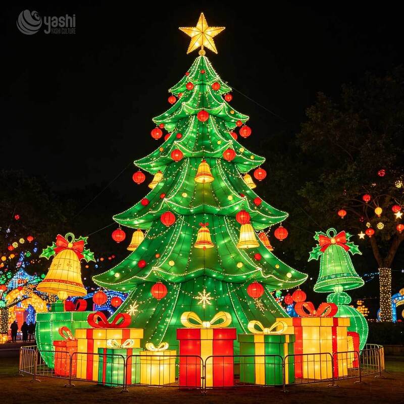 Custom Giant Wire Frame Christmas Tree Motif Light, Outdoor LED Light Up Christmas Tree Sculpture With Gift Boxes For Light Festival