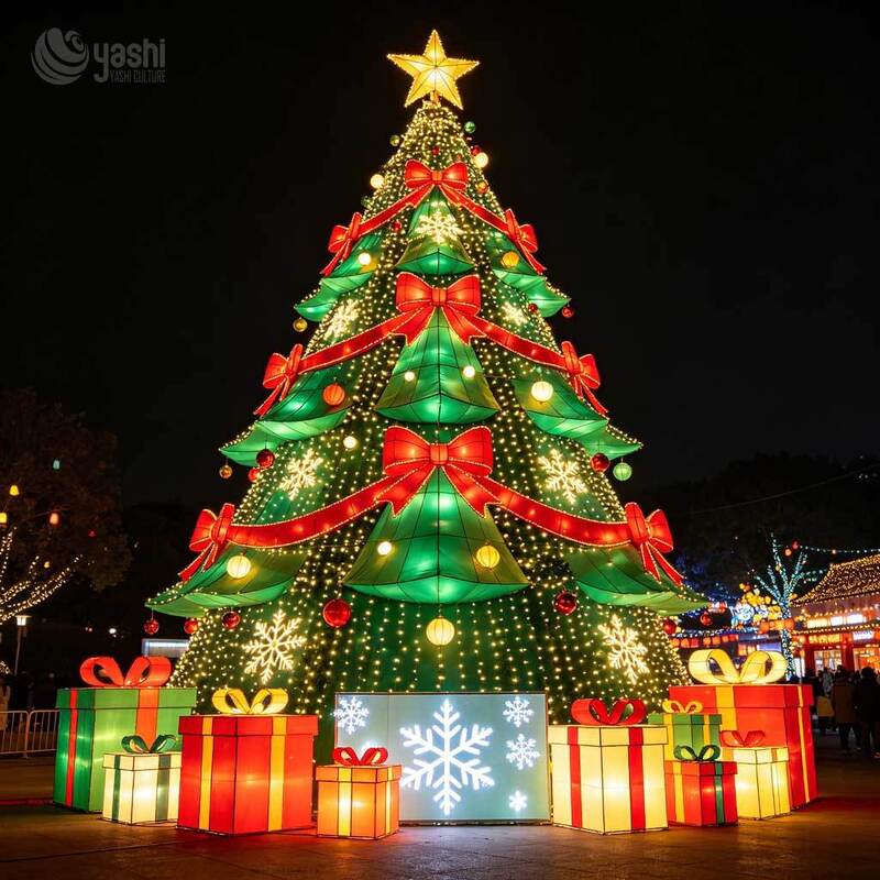 Custom Giant Christmas Tree Lantern, Outdoor LED Lighted Christmas Tree Sculpture With Stockings & Gift Boxes For Light Festival