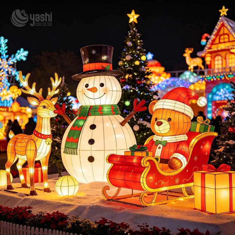 Custom Snowman Reindeer Teddy Bear Christmas Lantern Group, Outdoor LED Character Light Sculpture For Christmas Light Festival