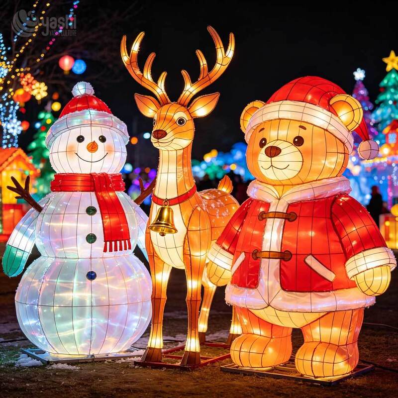 Custom Snowman Reindeer Teddy Bear Christmas Lantern Group, Outdoor LED Character Light Sculpture For Christmas Light Festival