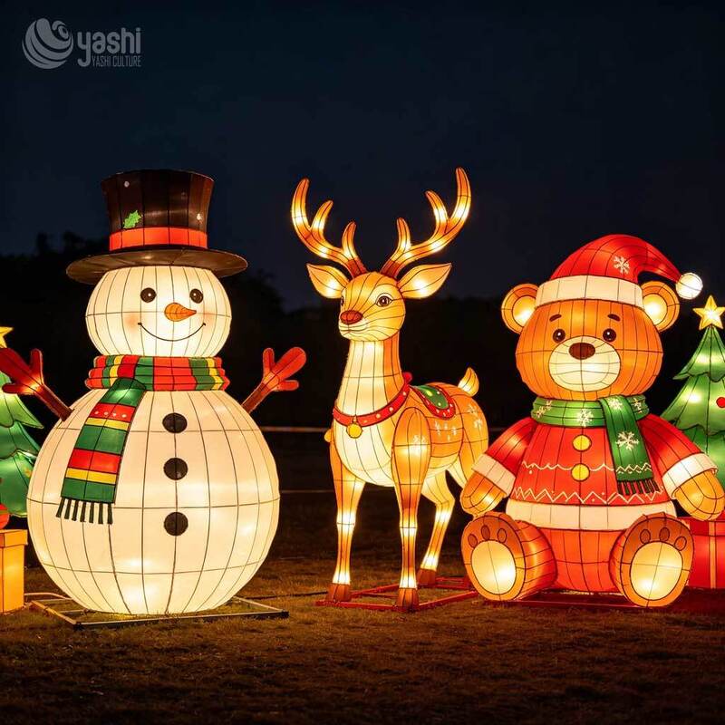 Custom Snowman Reindeer Teddy Bear Christmas Lantern Group, Outdoor LED Character Light Sculpture For Christmas Light Festival
