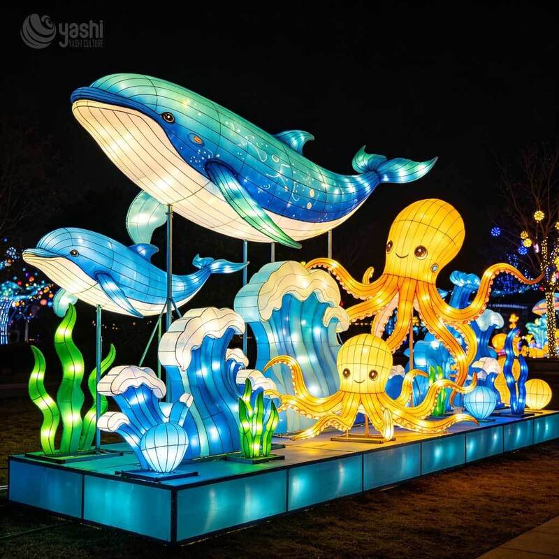 Custom Under‑Sea Theme LED Lantern Set, Sea Turtle & Jellyfish Marine Animal Light Sculpture for Ocean Light Festival