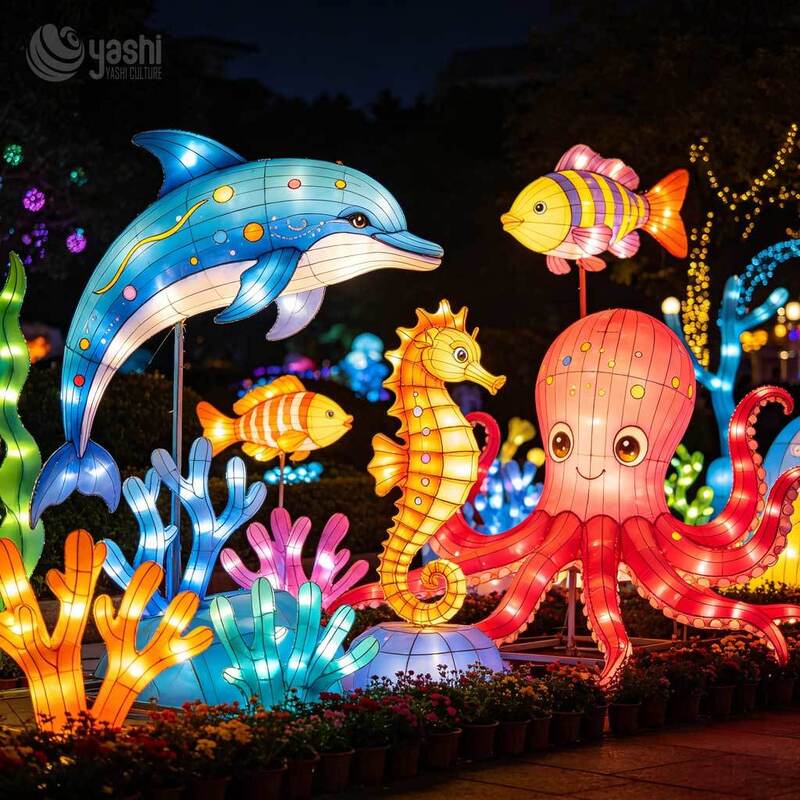 Custom Under‑Sea Theme LED Lantern Set, Sea Turtle & Jellyfish Marine Animal Light Sculpture for Ocean Light Festival