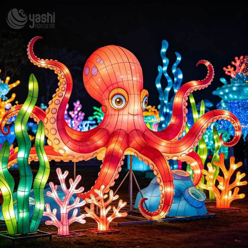 Custom Under‑Sea Theme LED Lantern Set, Sea Turtle & Jellyfish Marine Animal Light Sculpture for Ocean Light Festival
