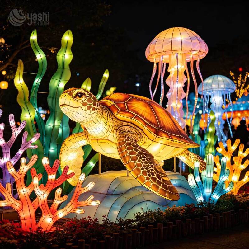 Custom Under‑Sea Theme LED Lantern Set, Sea Turtle & Jellyfish Marine Animal Light Sculpture for Ocean Light Festival