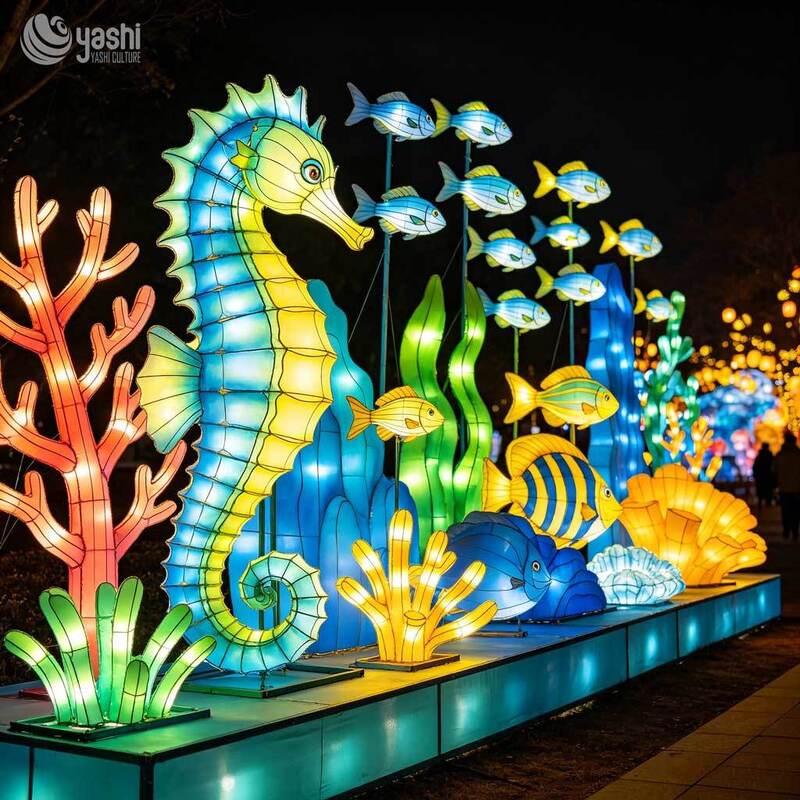 Custom Seahorse & Jellyfish Under‑Sea LED Lantern Set, Marine Animal Light Sculpture for Ocean Theme Light Festival