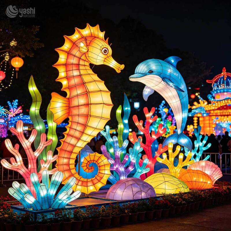 Custom Seahorse & Jellyfish Under‑Sea LED Lantern Set, Marine Animal Light Sculpture for Ocean Theme Light Festival