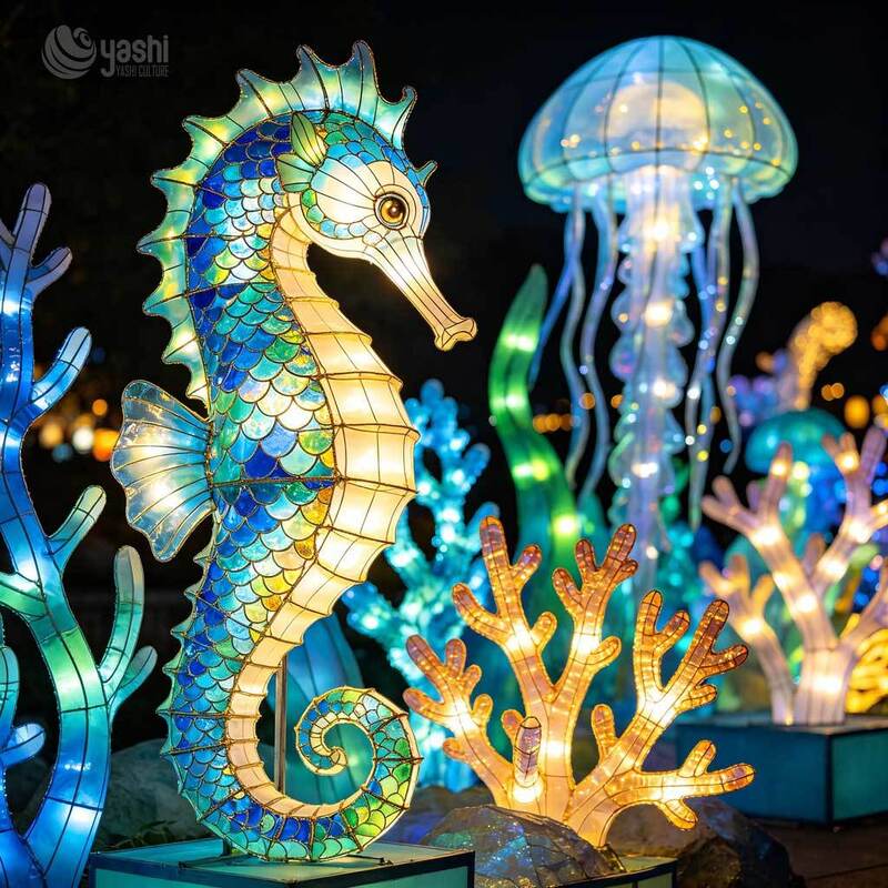 Custom Seahorse & Jellyfish Under‑Sea LED Lantern Set, Marine Animal Light Sculpture for Ocean Theme Light Festival
