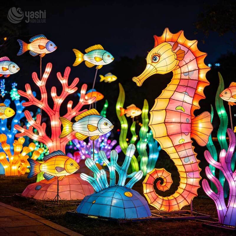 Custom Seahorse & Jellyfish Under‑Sea LED Lantern Set, Marine Animal Light Sculpture for Ocean Theme Light Festival