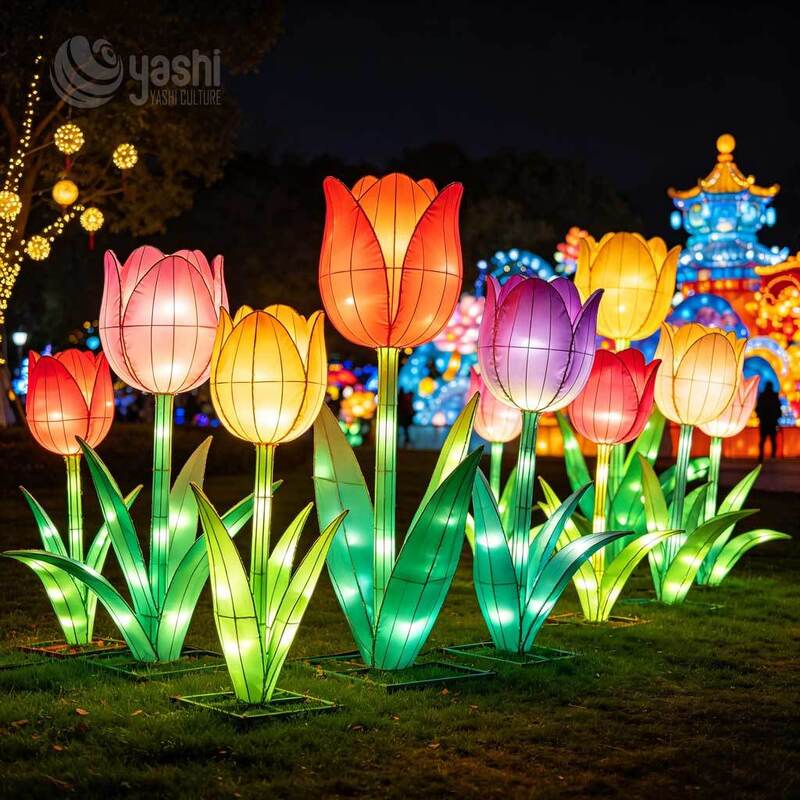 Custom Giant Outdoor Tulip Flower Lantern Decoration 3D Silk Flower Light Sculpture for Garden Park Resort Landscape Decor