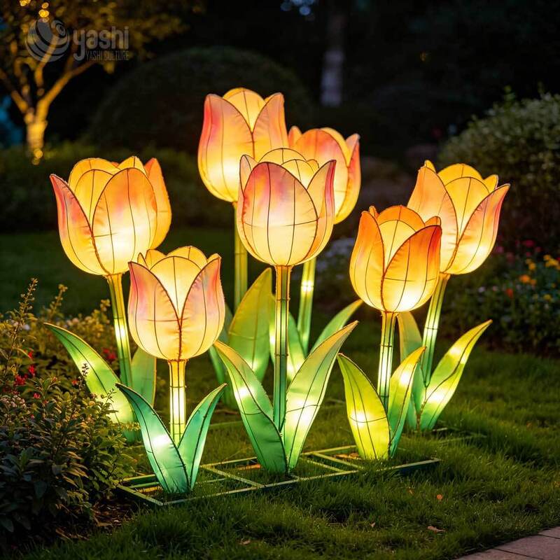 Custom Warm‑Gradient Tulip Lantern Group, Large LED Ground Tulip Flower Light Sculpture for Garden & Light Festival