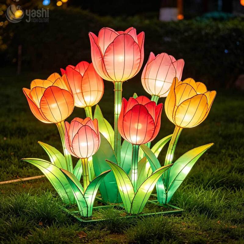 Custom Warm‑Gradient Tulip Lantern Group, Large LED Ground Tulip Flower Light Sculpture for Garden & Light Festival