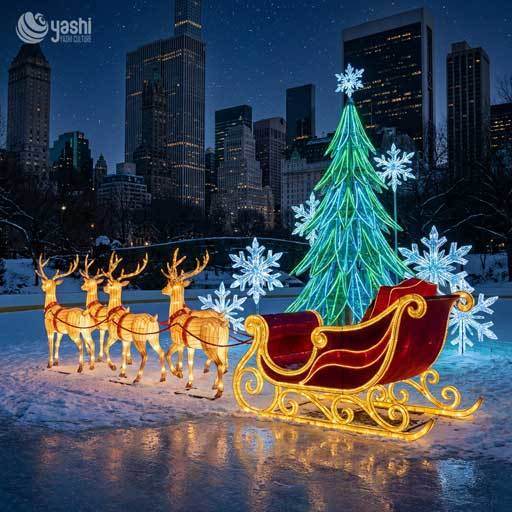 Custom Reindeer Sleigh & Christmas Tree LED Motif Light Set, Outdoor Christmas Light Sculpture For City Plaza Holiday Exhibition