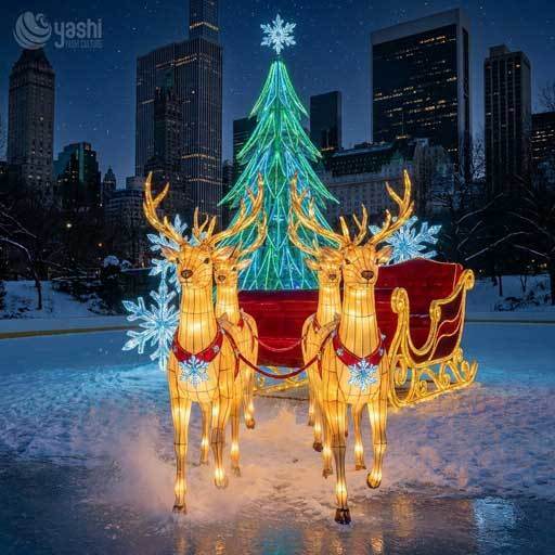 Custom Reindeer Sleigh & Christmas Tree LED Motif Light Set, Outdoor Christmas Light Sculpture For City Plaza Holiday Exhibition