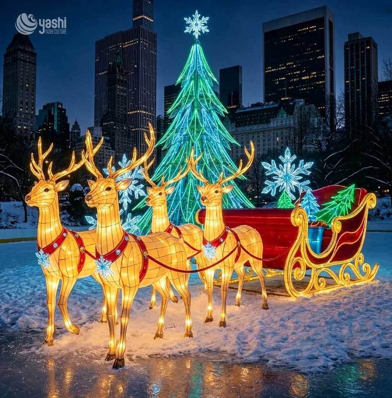 Custom Reindeer Sleigh & Christmas Tree LED Motif Light Set, Outdoor Christmas Light Sculpture For City Plaza Holiday Exhibition