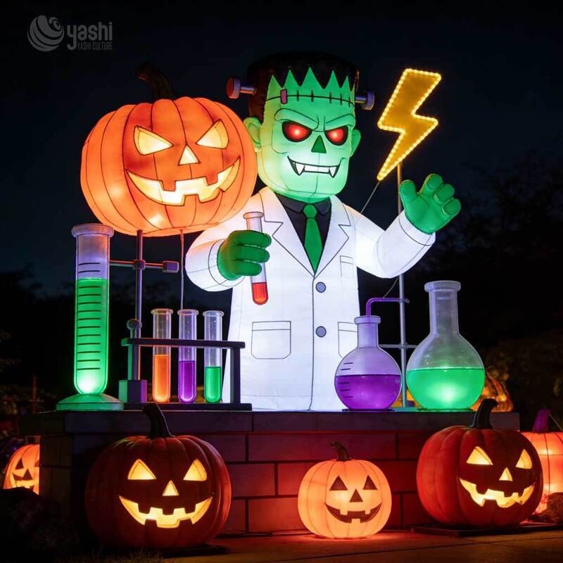 Custom Frankenstein Monster Halloween Lantern Set, Large LED Scientist Character Light Sculpture with Pumpkin Decor