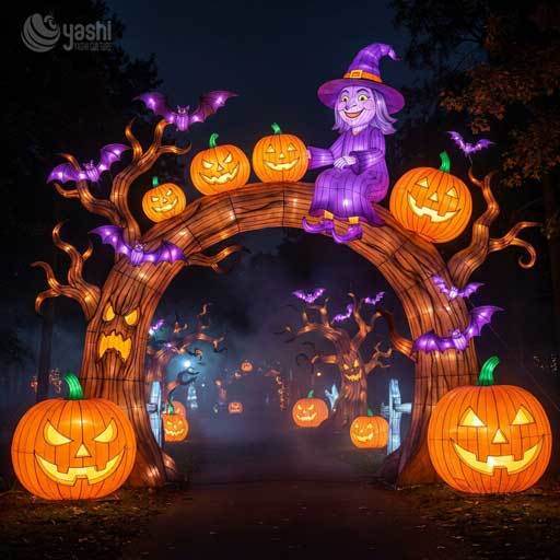 Custom Cheerful Witch Halloween Arch Lantern, Large LED Spooky‑Tree Entry Gate Light Sculpture with Pumpkin & Bat