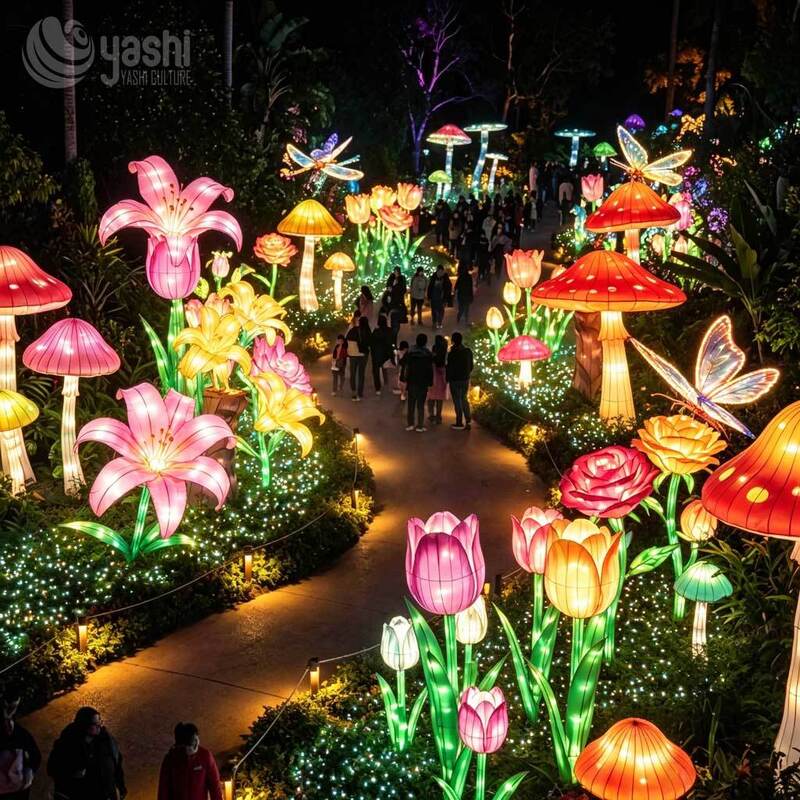 Sendero de Linterna del Jardín Encantado, Instalación de Linterna LED Gigante de Lirio, Tulipán, Hongo y Mariposa para Festival Nocturno en el Parque