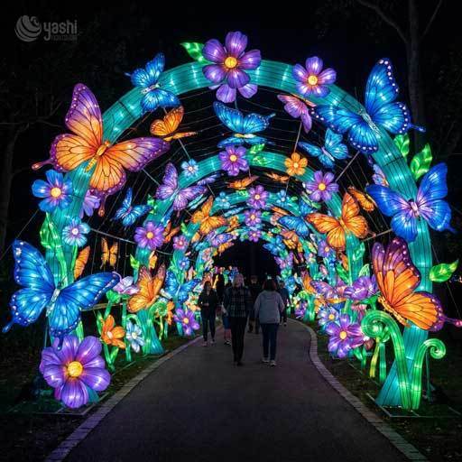 Sendero de Linterna del Jardín Encantado, Instalación de Linterna LED Gigante de Lirio, Tulipán, Hongo y Mariposa para Festival Nocturno en el Parque