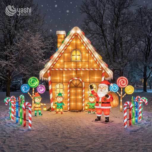 Custom Giant Outdoor Christmas Lantern Decoration 3D Silk Gingerbread House Santa Claus Elf Sculptures for Theme Park Mall Decor