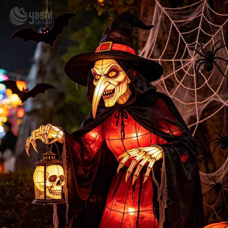 Custom Scary Old Witch Halloween Lantern, Large LED Evil Witch Character Light Sculpture with Skull Staff