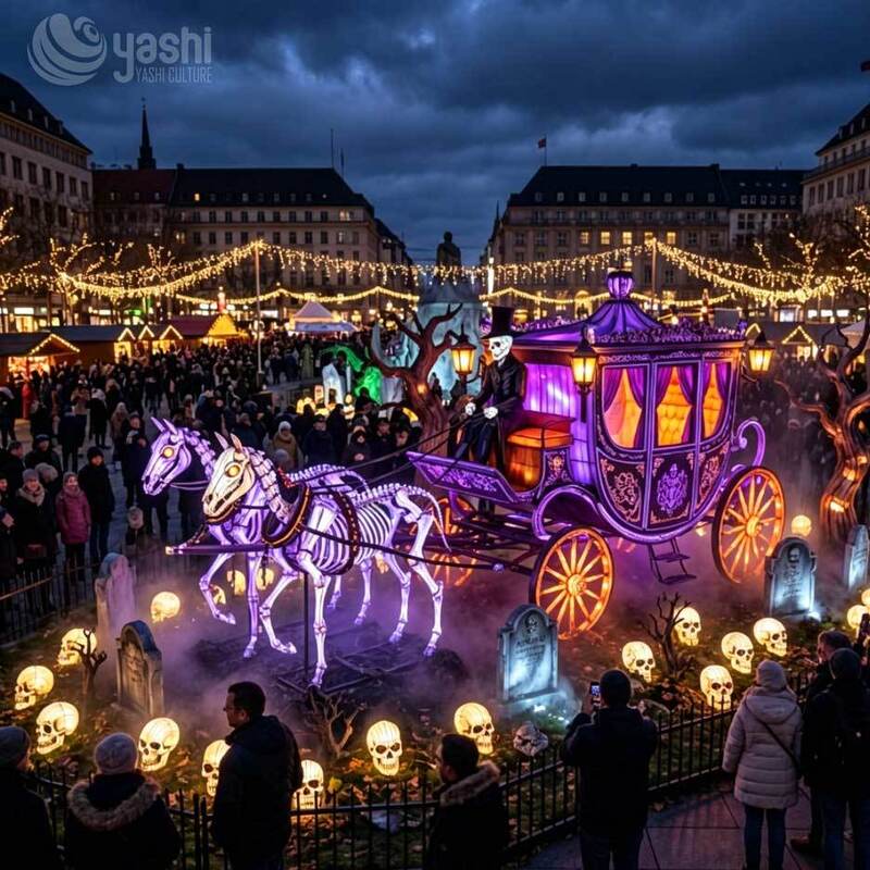 Custom Halloween Skeleton Carriage Lantern, Large LED Ghost Coach Light Sculpture with Skeleton Horses & Skull Driver