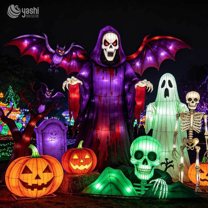 Custom Grim Reaper Halloween Scene Lantern Set, Large LED Spooky Group Light Sculpture with Ghost, Skeleton, Bat &