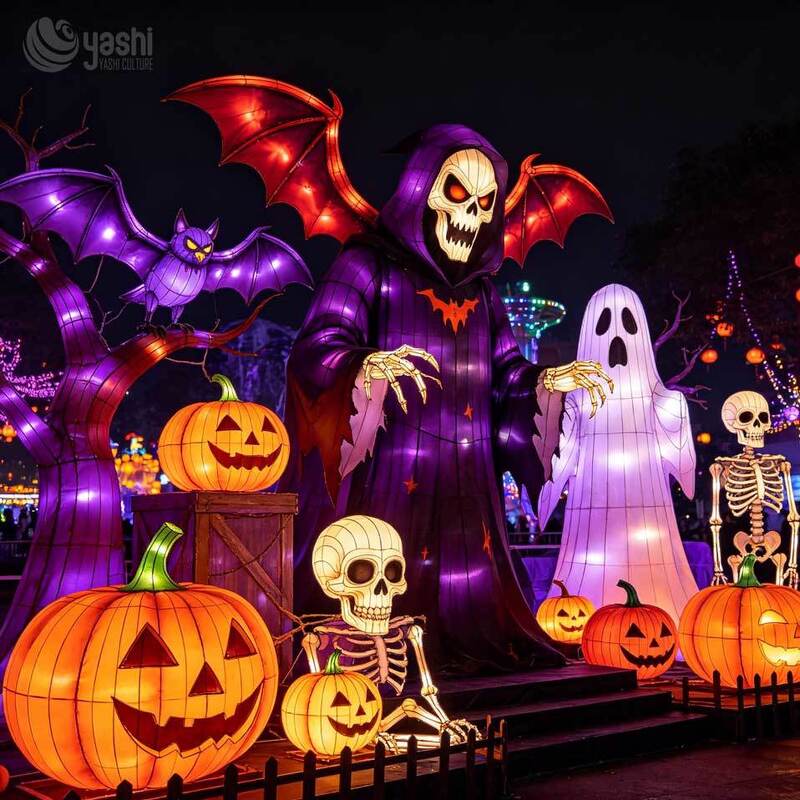Custom Halloween Bat Ghost Pumpkin LED Lantern Set, Outdoor Waterproof Sculpture for Haunted House Carnival Plaza Decor