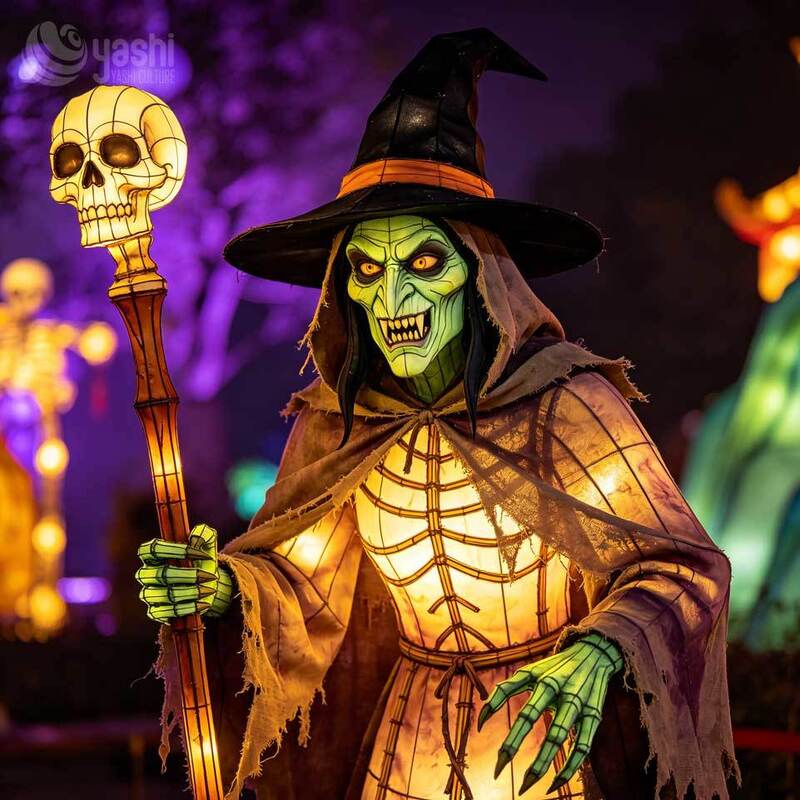 Custom Grim Reaper Halloween Scene Lantern Set, Large LED Spooky Group Light Sculpture with Ghost, Skeleton, Bat &