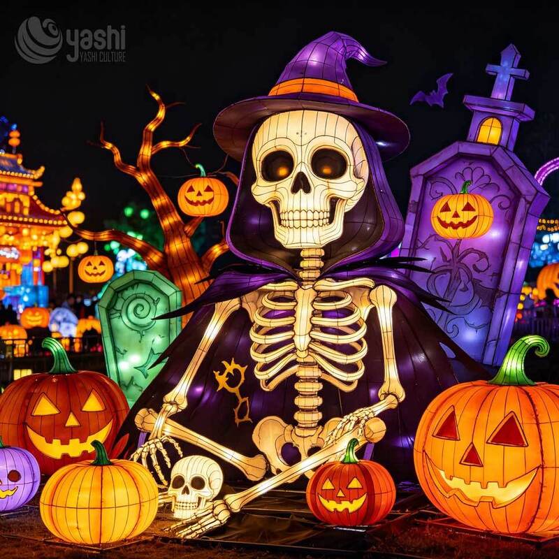 Custom Grim Reaper Halloween Scene Lantern Set, Large LED Spooky Group Light Sculpture with Ghost, Skeleton, Bat &