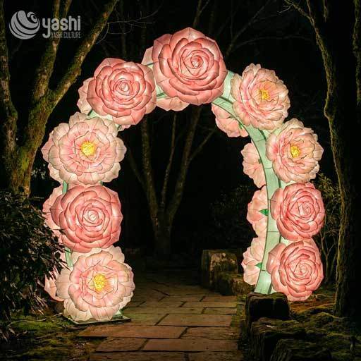 Linterna de Arco de Flor de Peônia Rosa Gigante, Arco de Fotografia Floral para o Festival de Lanternas da Noite do Jardim