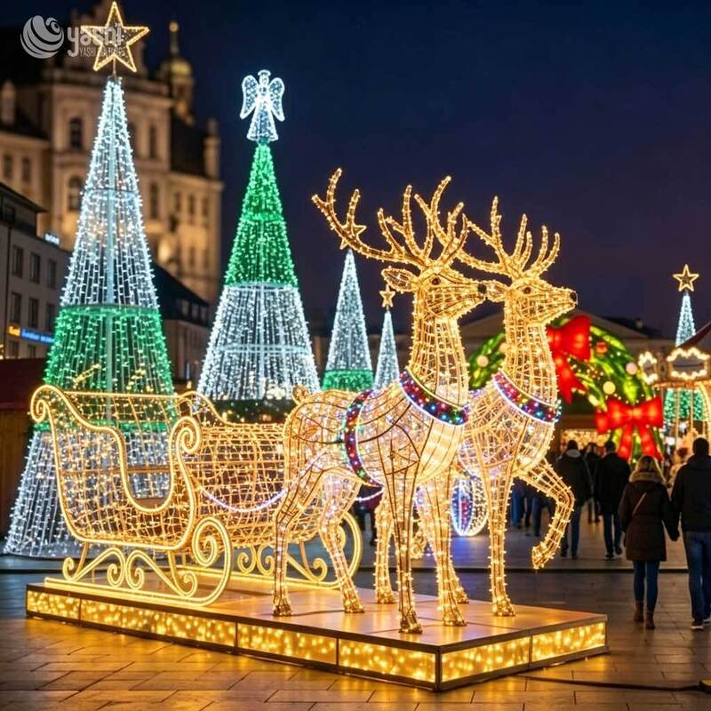 Custom 2 Reindeer With Sleigh Wire Frame LED Motif Lights, Outdoor Christmas Reindeer Sleigh Light Sculpture For City Square Exhibition