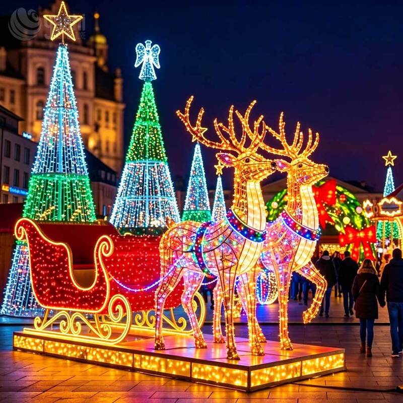 Custom 2 Reindeer With Sleigh Wire Frame LED Motif Lights, Outdoor Christmas Reindeer Sleigh Light Sculpture For City Square Exhibition