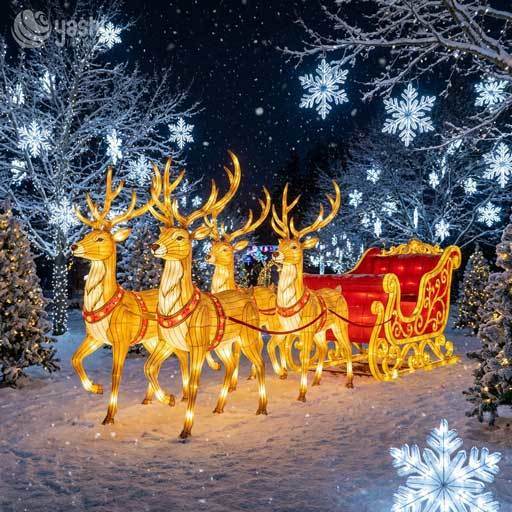 Custom 2 Reindeer With Sleigh Wire Frame LED Motif Lights, Outdoor Christmas Reindeer Sleigh Light Sculpture For City Square Exhibition