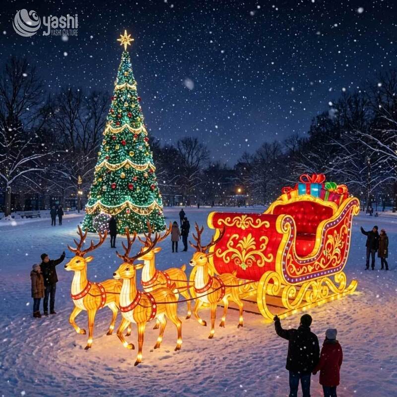 Custom 2 Reindeer With Sleigh Wire Frame LED Motif Lights, Outdoor Christmas Reindeer Sleigh Light Sculpture For City Square Exhibition