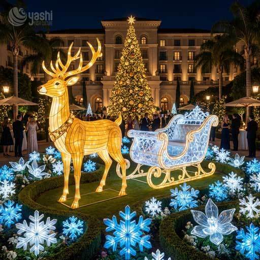 Custom 2 Reindeer With Sleigh Wire Frame LED Motif Lights, Outdoor Christmas Reindeer Sleigh Light Sculpture For City Square Exhibition