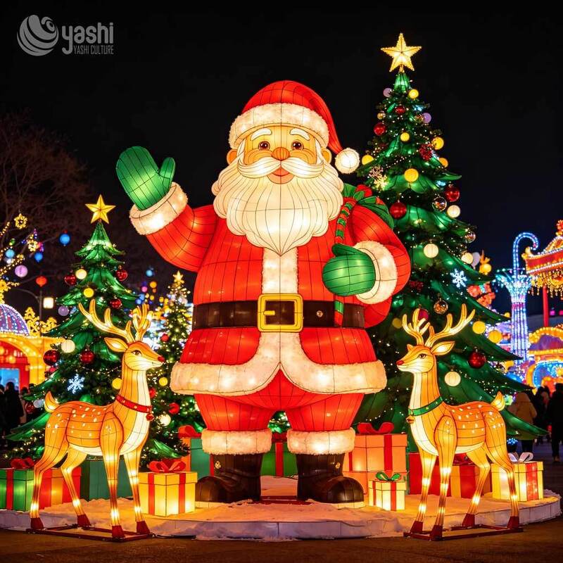 Custom Ocean Theme Christmas Lantern Set, Outdoor LED Whale, Coral, Fish & Santa Light Sculpture For Underwater Festival Display