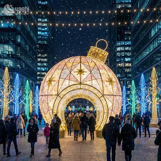 Custom Giant Christmas Bauble Arch Light Tunnel, Outdoor Wire Frame LED Ornament Ball Entrance Light Sculpture For Commercial Plaza